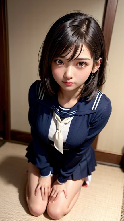 ((masterpiece)), ((Highest quality)), (Very detailed), Confused, Very detailed CG Unity 8k 壁紙, Official Art, Accurately depict shapes, Beautiful Face, Expressive eyes, Looking at the audience, alone, close, scenery, Captivating smile, 1 Girl, (Mature Woman, older), Mature Woman, Maternal, Wide Hips, bent, clavicle, lips, High resolution、 (Schoolgirl Uniform), (Schoolgirl skirt ), (White thigh-high socks), pantyhose,