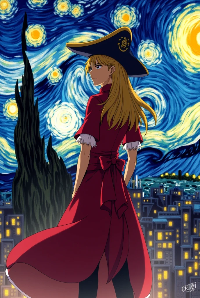 Ryusui Nanami from Doctor Stone with his red pirate clothes with short sleeves and having the bottom as a dress with his long blonde hair and with a big pirate hat turning his back and seeing the city with Van Gogh&#39;s starry night in the background