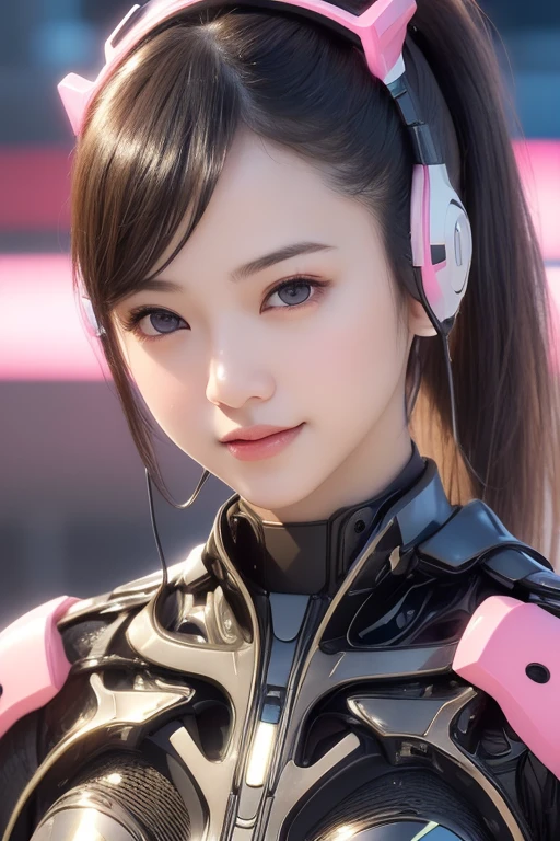 Top Quality, Masterpiece, Ultra High Resolution, (Photorealistic: 1.4), Raw Photo, 1 Girl, Black Hair, Glossy Skin, 1 Mechanical Girl, (((Ultra Realistic Details)), Portrait, Global Illumination, Shadows, Octane Rendering, 8K, Ultra Sharp, Intricate Ornaments Details, realistic skin, sweat effect, ((wearing Headphone)), very intricate detail, realistic light, CGSoation trend, brown eyes, glowing eyes, pink mechanical bodysuit, Long hair, black hair, Ponytail hair, full body shot, spaceship bridge background, dynamic pose, cute smile, close up, 
