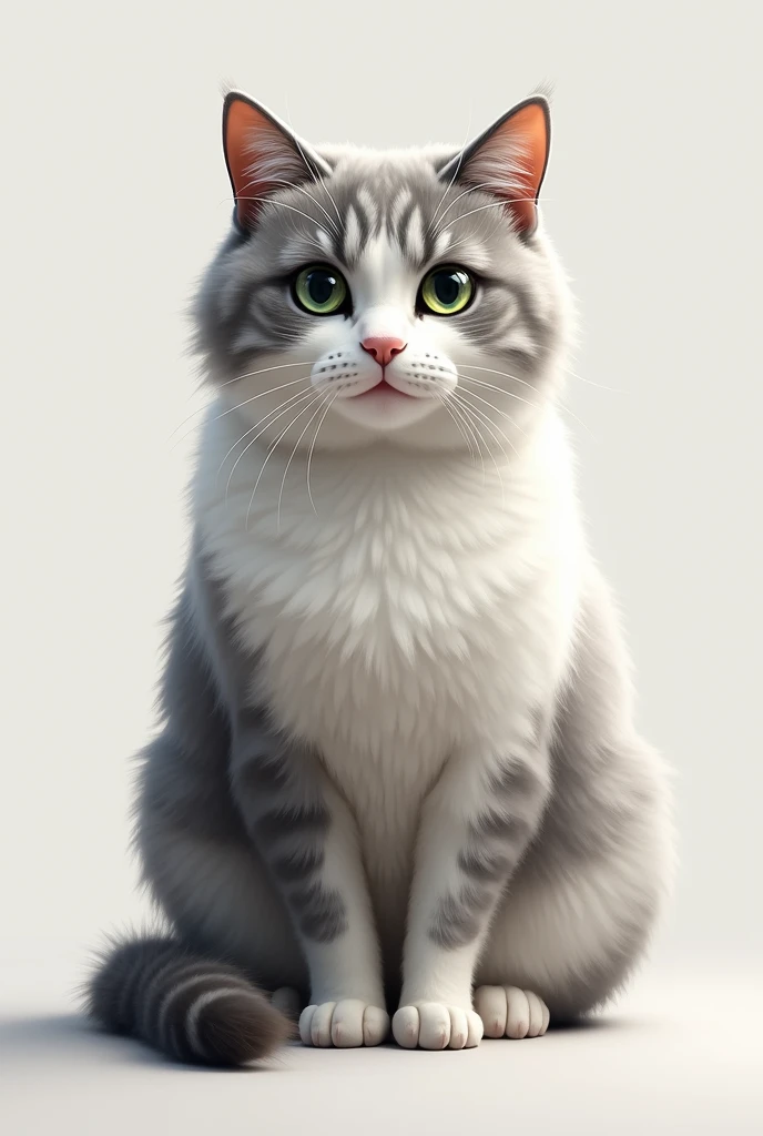 Adult white and gray cat with ears, back and tail lead Do it with more gray With light green eyes, gordo, that is monochromatic Short hair Like this but more realistic Even more realistic Remember not with stripes Not cartoonish Like this but the fur without stripes This 