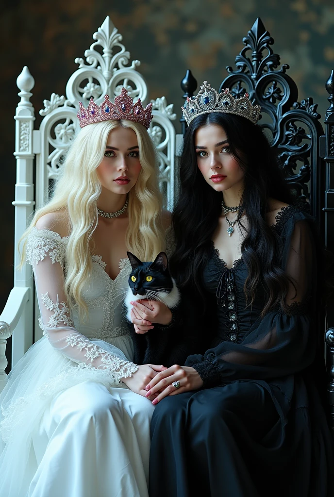 (full body shot:1.3) woman 1 very happy in a (white dress 1:1) sitting on a (white throne 1:3) with a (crown with pink cristals 1:1), black cat sitting in her lap,an elegant gothic princess, gothic princess portrait, beautiful vampire female ice queen, her crown with pink sparkling cristals gothic regal, dark goth queen with yellow eyes, light blonde long hair, medieval dark fantasy, sitting on white intricate throne, wearing a white gothic dress, beautiful elegant demon queen, lovely white winter princess, a beautiful fantasy empress, beautiful vampire queen. Black cat sitting on her lap 1:1. (Woman 1 and woman 2 holding hands 1:1 sitting site by site) with a (full body shot:1.3) woman 2 in a black dress sitting on a black throne 1:1,crown with blue sparkling cristals , an elegant gothic dark very happy princess, gothic queen portrait, beautiful vampire female queen, gothic regal, dark goth queen with yellow eyes, black long hair, medieval dark fantasy, sitting on intricate black throne, wearing a gothic dress, beautiful elegant demon queen, lovely dark autumn princess, a beautiful fantasy empress, beautiful vampire queen. White cat sitting on her lap. ARRI ALEXA 65, 50mm lens, dynamic lighting