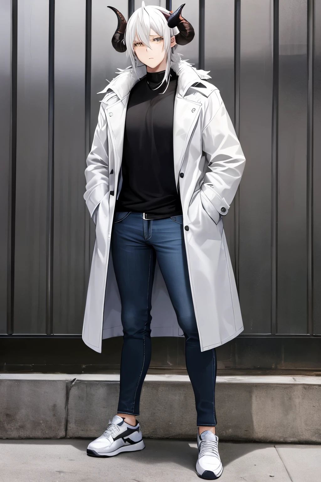 Tall boy, with rough white hair and two black horns on his head, that he has a coat on and some jeans and some black tennis shoes)