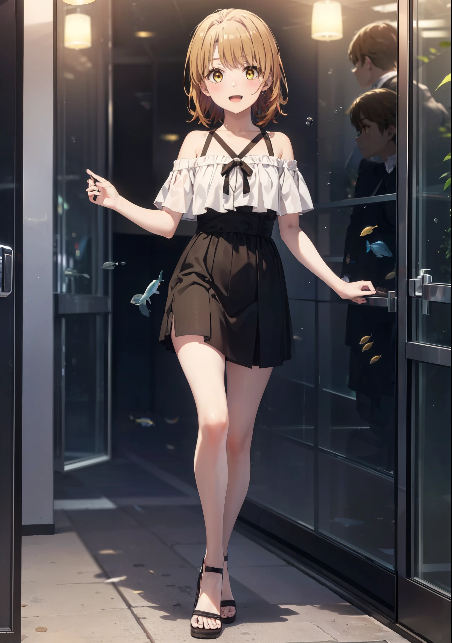 Irohaisshiki, isshiki iroha, short hair, Brown Hair, (Brown eyes:1.5), smile,Open your mouth,smile,Off-the-shoulder yellow dress,mini skirt,Cute heeled sandals,Walking,巨大なガラス水槽で魚が泳ぐ美しいaquarium, きらめく光が幻想的なaquarium,whole bodyがイラストに入るように,
break indoors, aquarium,
break looking at viewer,whole body,
break (masterpiece:1.2), Highest quality, High resolution, unity 8k wallpaper, (figure:0.8), (Beautiful attention to detail:1.6), Highly detailed face, Perfect lighting, Highly detailed CG, (Perfect hands, Perfect Anatomy),