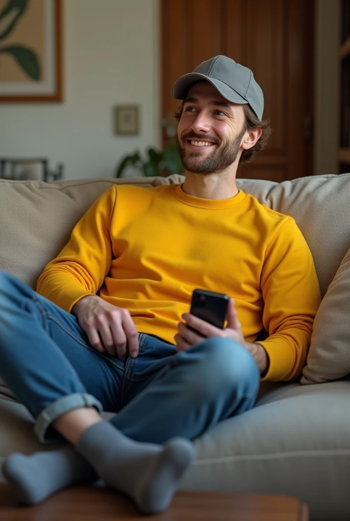 Create an image of a man sitting on a couch in his 30s, but looking young with a yellow sweatshirt and a cap, sitting casually with his right leg raised and his left leg lowered, wearing jeans and his cell phone in his hand with a gray sock