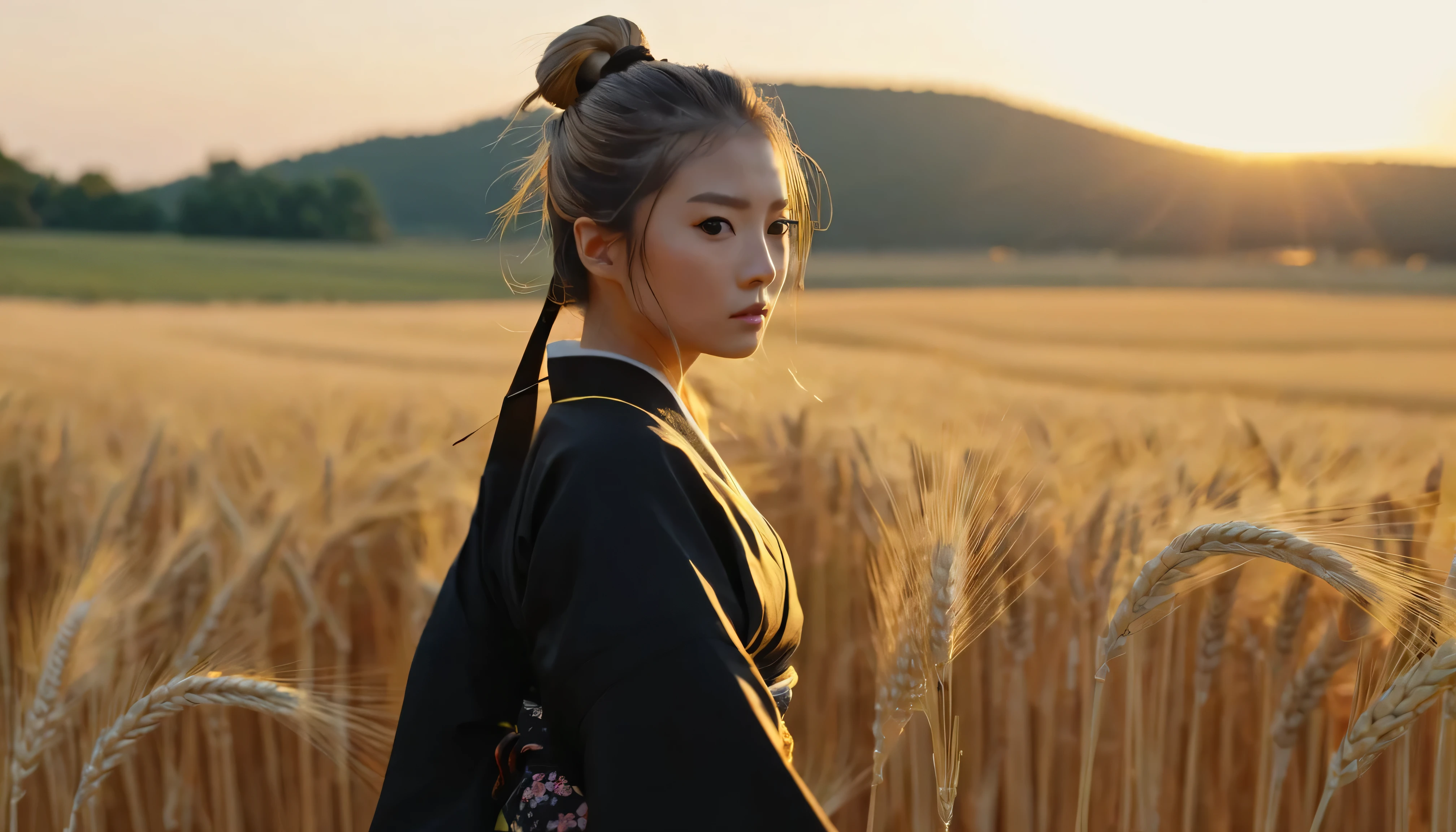 A girl in a kimono stands expressionless in a wheat field up to her waist, Black kimono with gold rimming, her hair is tied in a ponytail, Yellow Eyes, The sunset in her eyes, The light hits her face, Half landscape orientation to the camera