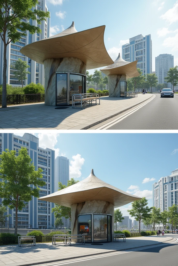 Please design a bus stop in the shape of a stingray, that it is circular with access to a ramp and railing

