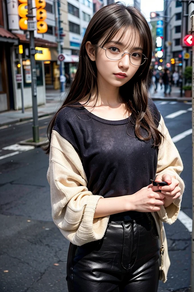 Photo of a beautiful woman standing on a street corner, (masterpiece:1.2, highest quality), (Realistic, photoRealistic:1.4), Beautiful illustrations, (Natural Side Lighting, Cinema Lighting), Written boundary depth, Beautiful thighs staring at the viewer, (((Face Focus, Upper Body))), 1 female, 30-year-old, alone, thin, slender, small breasts!!!, Loose curly hair, Bedhead, Forehead, thin, slender, (((glasses))), sweater, Knit, Skinny black pants, Are standing, New York 25th Street, (((japanese))), portrait