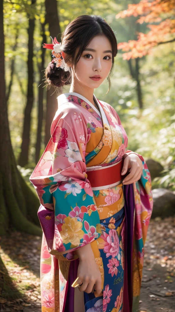 a beautiful geisha girl in a colorful kimono dancing gracefully in an autumnal Japanese forest, with sharp elven ears, (best quality,4k,8k,highres,masterpiece:1.2),ultra-detailed,(realistic,photorealistic,photo-realistic:1.37),HDR,UHD,studio lighting,ultra-fine painting,sharp focus,physically-based rendering,extreme detail description,professional,vivid colors,bokeh,CG,Unity
