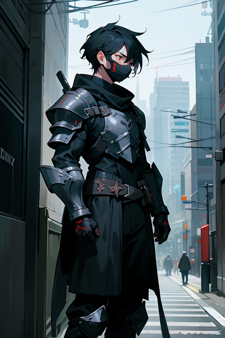 1 men , Bblack hair , eyes black , body preto , armored clothing , facial mask , Perfect Generation , Standing on the sidewalk , Modern city background , young male , black cowl , Red accents in clothes