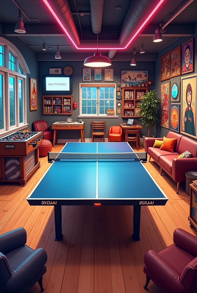 room with ping pong table, foosball table, other board games