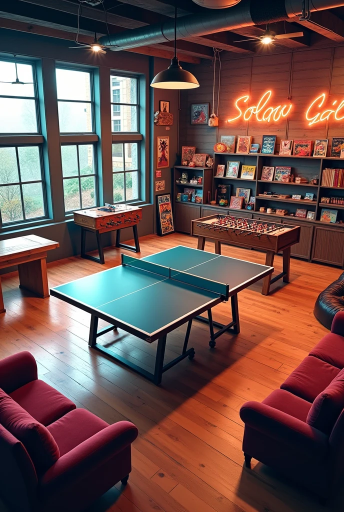 room with ping pong table, foosball table, other board games