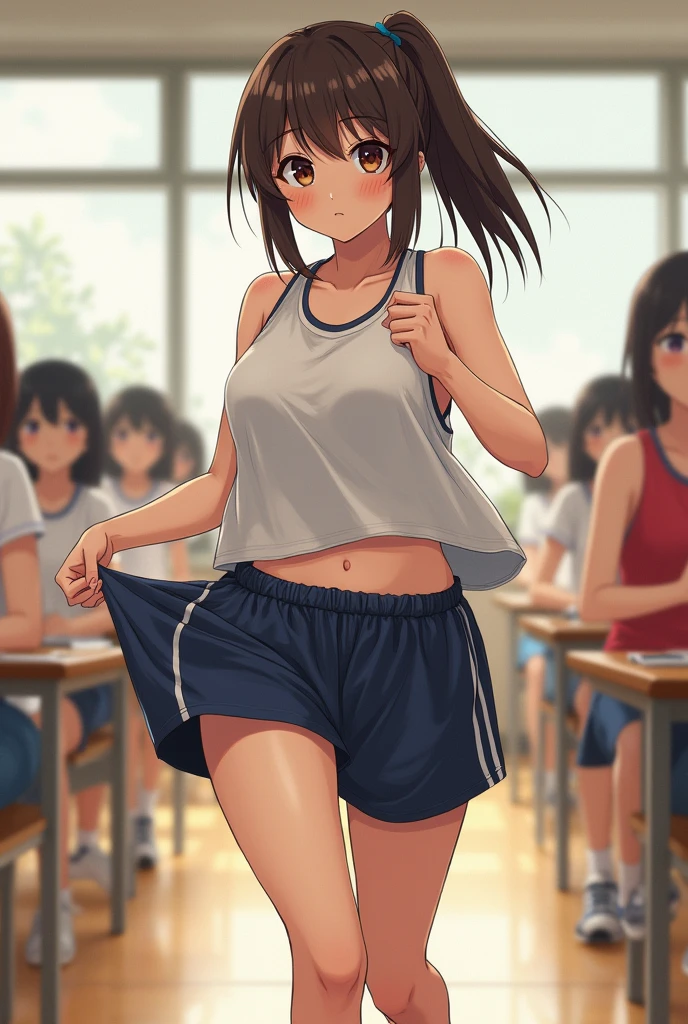 Tall、A black-haired high school girl with excellent athletic ability, Wearing a gym uniform, Holding a volleyball, Stand with Confidence, Cheerful and smiling, In a large school gym, Surrounded by classmates, Bright sunlight streaming through the window, Her posture is strong、Excellent athletic ability, Her eyes are full of energy, In the background, they are teasing her., She is unfazed, Anime Style, Bright and warm lighting, Detailed Gym Background, Dynamic composition, 8K quality, Very detailed
