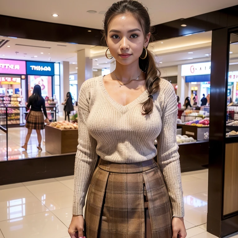 ((Thai Women)),(brown colored v-neck sweater:1.3),(shopping mall:1.3),(highest quality, 8K, masterpiece:1.3),((highponytail)),(forehead),((Tight plaid skirt:1.2)),(huge breasts 1.5),tanned skin,thin waist,watch,(mole under eye)、(biologically correct hand)、smile cutely、Ring earrings、(((full body shot view))),