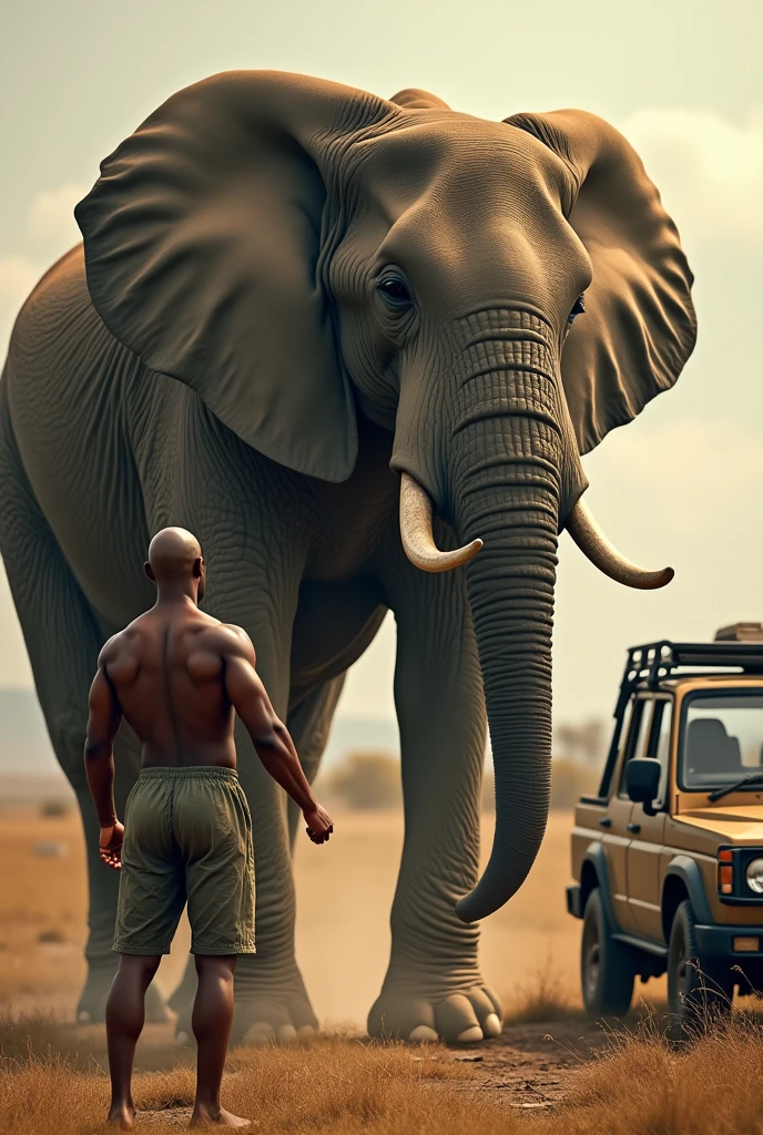 Make a bald black man in a safari car, stopping a giant elephant, just raising your right hand, man facing elephant