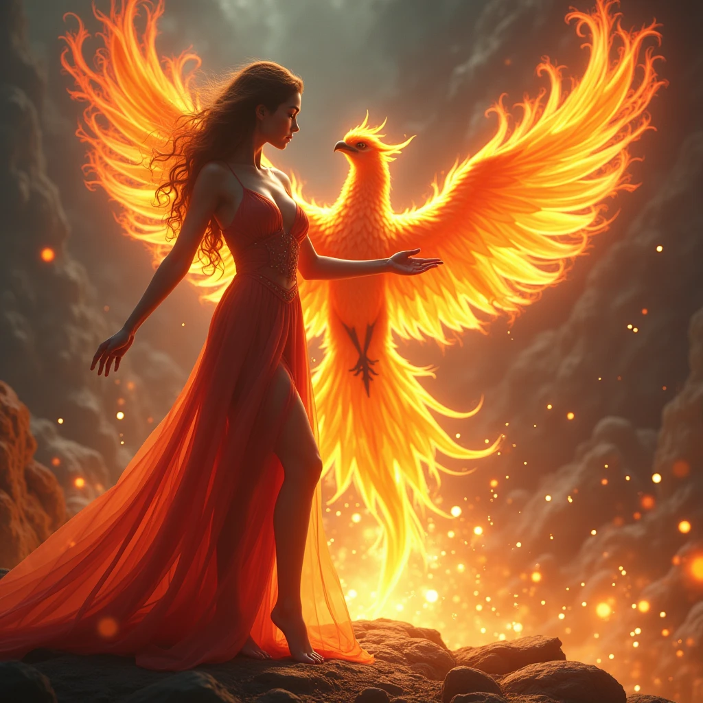 ((A small phoenix full of vitality is summoned.))、(A beautiful and sensual female summoner)、Beautiful Eyes、Beautiful and well-proportioned face、、(Sensual and revealing dress:1.2)、(Eye-catching super big breasts:1.47)、Fascinating super big ass、(Sexy and acrobatic summoning pose)、Correct fingers、((Summon the Fiery Phoenix))、Summoning Magic Circle、Exquisitely drawn wings of fire、dramatic scene、Magnificent fantasy landscapes、Cinematic lighting、Digital Art、Concept Art Style、magical realism、(Highest quality、8k、High resolution、masterpiece:1.2)、Ultra-Details、(Real、Photorealistic、Photo-Realistic:1.37)、HDR、Very detailed explanation、Vivid colors、View your viewers、A confident smile、wilderness