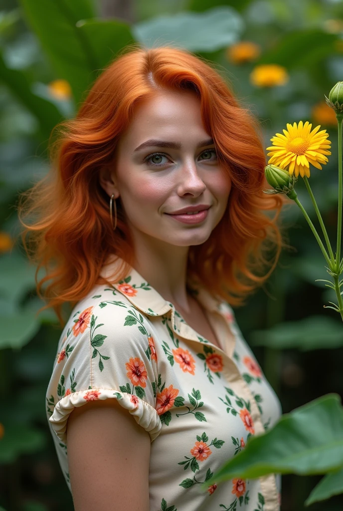 A 20-year-old red-haired Brazilian girl in a lush tropical garden, wearing a closed shirt with a floral print, with a close-up capturing the harmonious beauty of natural flowers, showing off your natural charm and outgoing personality.