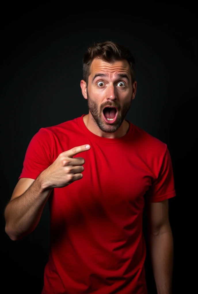 The man is wearing a red t-shirt and has a surprised expression on his face. He is pointing his finger at the box with his mouth open, as if he is surprised or shocked. The background is black