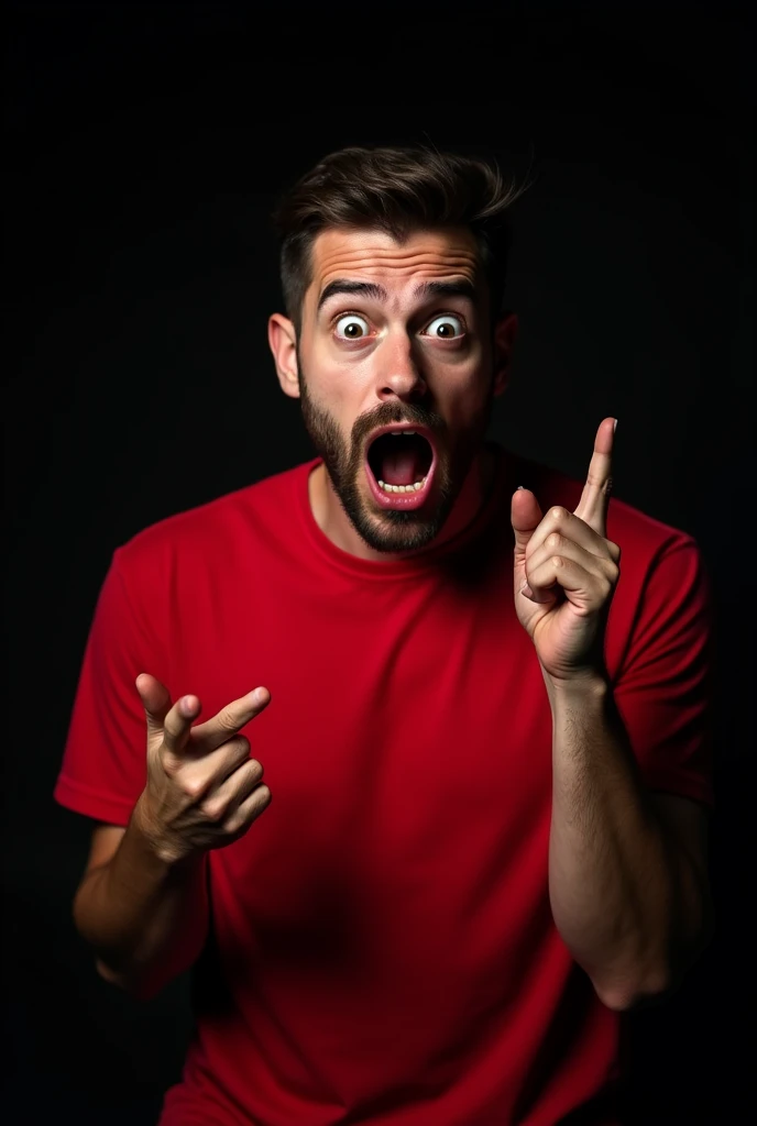 The man is wearing a red t-shirt and has a surprised expression on his face. He is pointing his finger at the box with his mouth open, as if he is surprised or shocked. The background is black