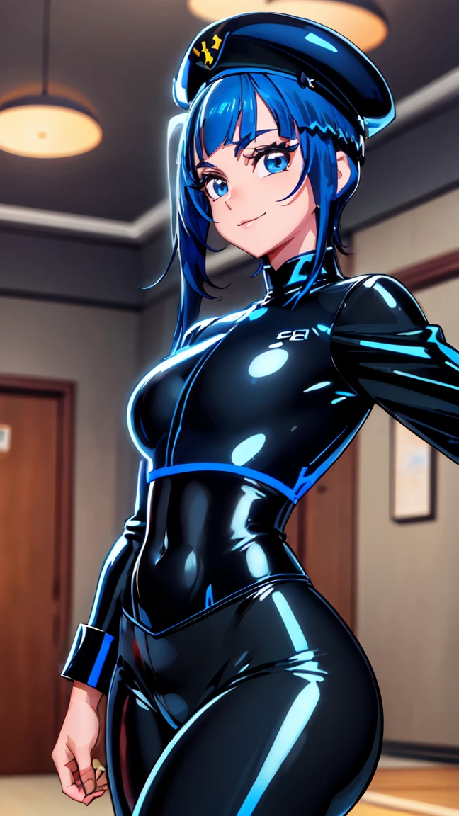 1 person, (blue eyes), (smile :1.2), (Exactly Minazaki), (Black Makeup :1.2), Wide Hips, (Big goals :1.1), (Big goals ass), (Tight waist :1.2), (Thick thighs), (tight legs :1.1), logic, (Highest quality, 8k, masterpiece: 1.3), concentrate: 1.2, Perfect Body Beauty: 1.4, (Strong abdominal logics :1.2), Highly detailed face and skin texture, Beautiful Eyes, double eyelid, (Glowing Skin :1.2), (Blue Hair :1.2), (black latex captain :1.3), Black latex pants, (captain :1.2), (cap :1.2), eternally, Dynamic pose, (In a room with black walls lit by red neon lights :1.1)