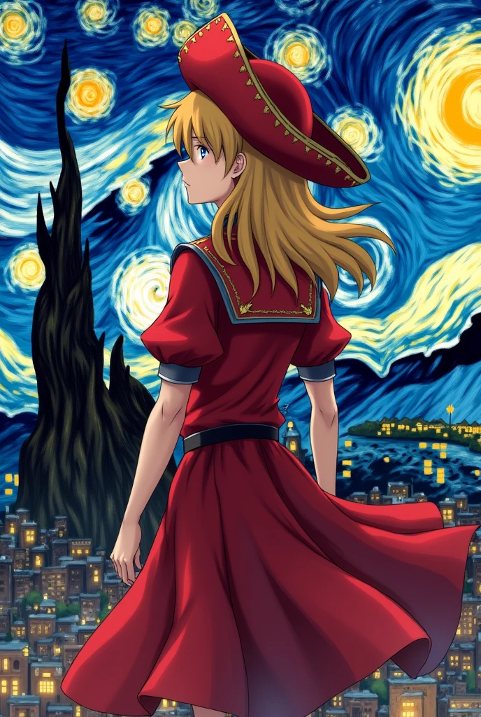 Ryusui Nanami from Doctor Stone with his red pirate clothes with short sleeves and having the bottom as a dress with his long blonde hair and with a big pirate hat turning his back and seeing the city with Van Gogh's starry night in the background