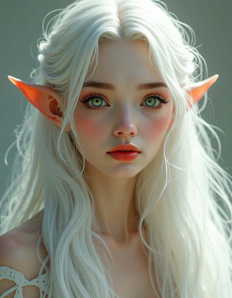 muka, elf woman, long white hair, clear green eyes, red mouth, middle nose, elf ears