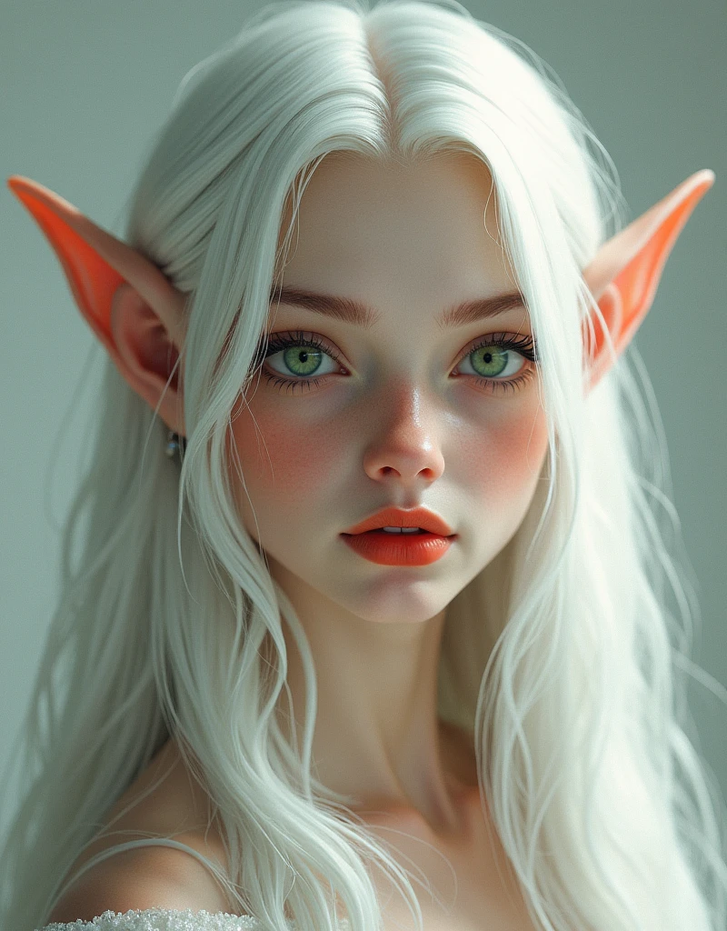 muka, elf woman, long white hair, clear green eyes, red mouth, middle nose, elf ears
