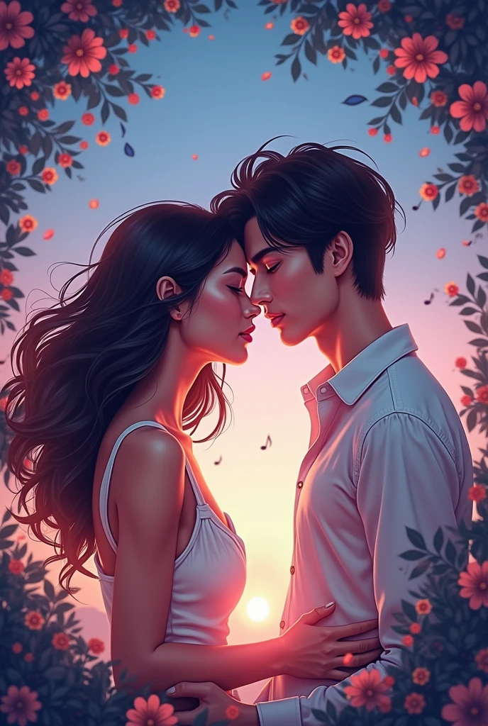 Create a romantic book cover like in the image. The man is Korean and a kpop idol, The woman is Latina, with delicate strokes, long brown hair to hip length. The story is surrounded by music