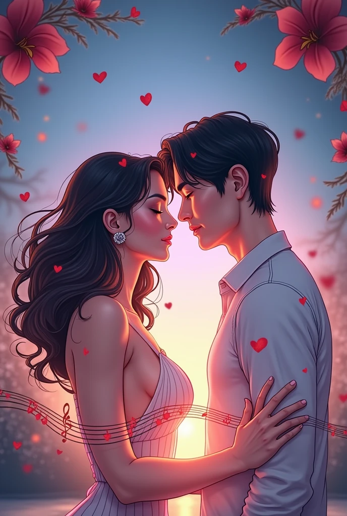 Create a romantic book cover like in the image. The man is Korean and a kpop idol, The woman is Latina, with delicate strokes, long brown hair to hip length. The story is surrounded by music 