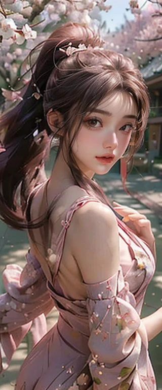 masterpiece、highest quality、High resolution、photorealistic、High resolution、Raw photo、(Around 50 pink flowers blooming on a tree with the shrines torii gate in the background, Cherry Blossoms in the wind, background Cherry tree, background Cherry tree, Cherry Blossom, Cherry Blossoms, Cherry Blossom tree, Cherry Blossom falling, Cherry tree, Cherry tree, Cherry Blossom trees, sakura bloomimg, Cherry Blossom rain everywhere)、((1girl, Back view of a young woman standing under a cherry tree, ponytail, shiny skin, realistic skin texture, She is weari, correct hands and fingers, especially nude, big breasts, big ass)), (Hair accessories)、
