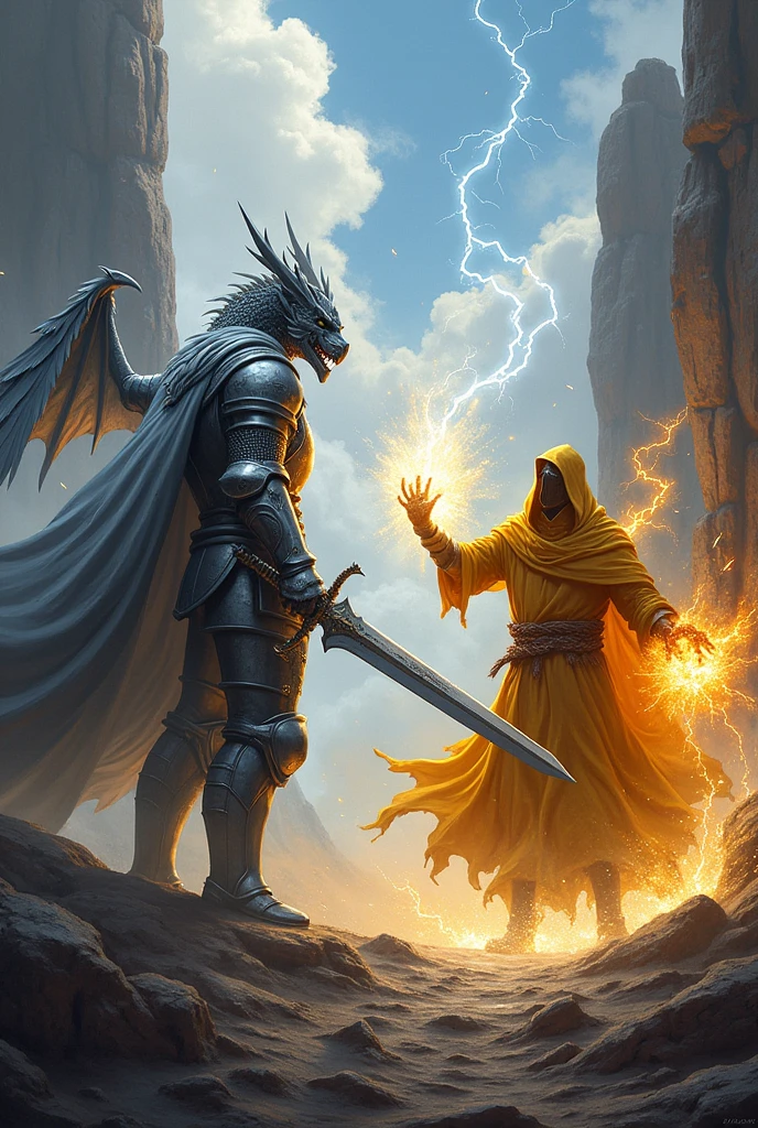 A knight wearing silver armor, a silver dragon helmet and a long sword fights a pagan wearing a golden robe and a hood, using lightning magic in his left hand and fire magic in his right hand.
