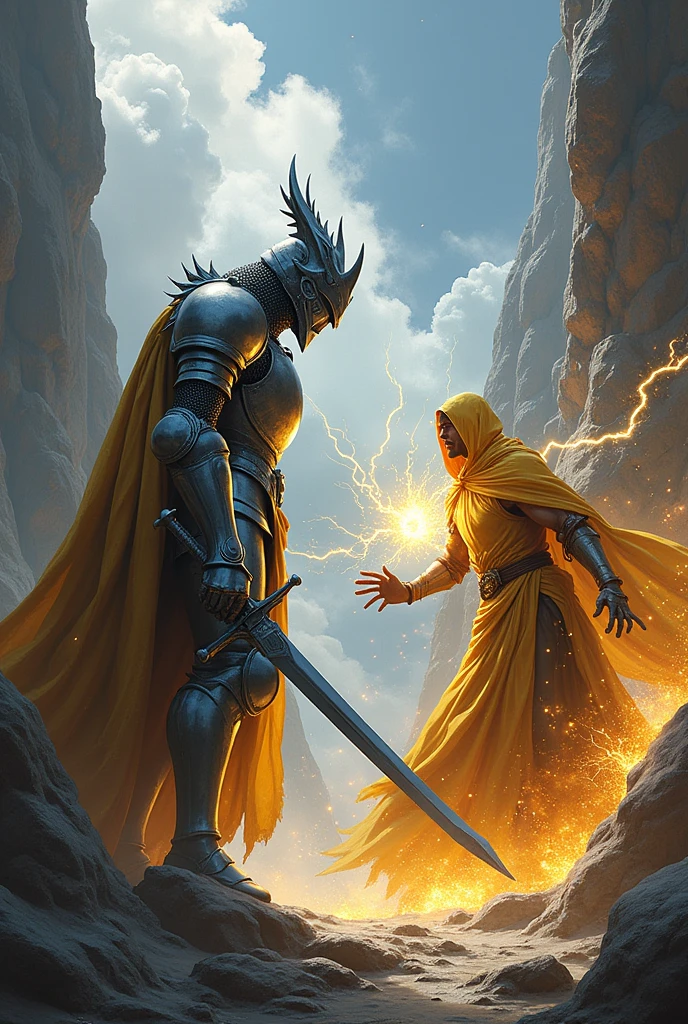 A knight wearing silver armor, a silver dragon helmet and a long sword fights a pagan wearing a golden robe and a hood, using lightning magic in his left hand and fire magic in his right hand.