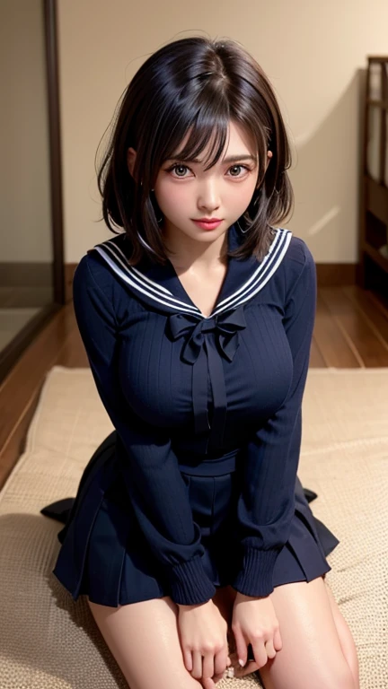 Browsing Caution,Highest quality, 4K, High resolution, whole body、Very detailed, Realistic:1.37, NFSW, Studio Lighting, Vibrant colors,cute、、One person、Bobcut、Beautiful black hair、Sharp Face、(Sailor suit:1.4)、(Pull on your jacket:1.1)、Captured on video、(Nervous:1.2)、(sweating:1.2)、Hotel room、The skirt is short.、Adult Video Interview、