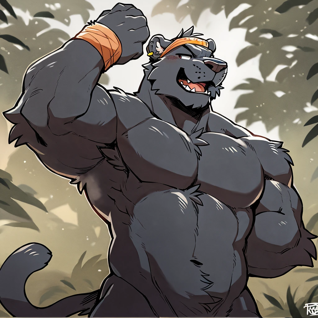 by takemoto arashi, ((full body)), (1boy), solo, male anthro, kemono, hot body, hunk, sexy, bara, handsome boy, (masterpiece, high res, best quality, watercolor shading), 4k, soft skin, Physical man, furry art, professional furry drawing, (((black panther, plain black fur all over his body solid black fur, soft muscle definition,  self-black cat, small chest, miniscule lat miscles, stubby arms, short limbs, wide lean waist, very short thick scruffy fur))), scars on one shoulder, thick hands, short round muzzle, chewing on toothpick, tiny twig in his teeth, major overbite, large chin, short round snout, tired eyes, tiny lines for pupils, thick white eyebrows, round pierced bear ears, perfectly circular front facing bear ears, small gold cuff earrings on one ear, helix ear-piercing, orbital ear piercing, thin cat nose, white sumo garb, thick bulky waistband, ((white short narrow headband tied around his forehead, white hachimaki, thin white sweatband on his forehead)), flat stomach, tuft of white hair between his pecs, (thin white mohawk), thin white pubic hair, small white treasure-trail, (((black underbelly, his underbelly is the same color as the rest of his body, one color fur, solid color body, black torso and mouth, perfectly square silhouette))), bored emotion, neutral expression, calm face, pouting, pout, (closed mouth)