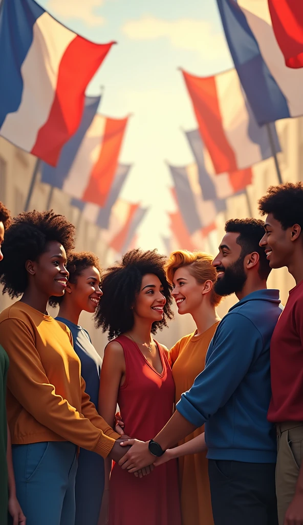 "Image inspirante de personnes de différentes origines se tenant la main, avec des drapeaux français flottants en arrière-plan."