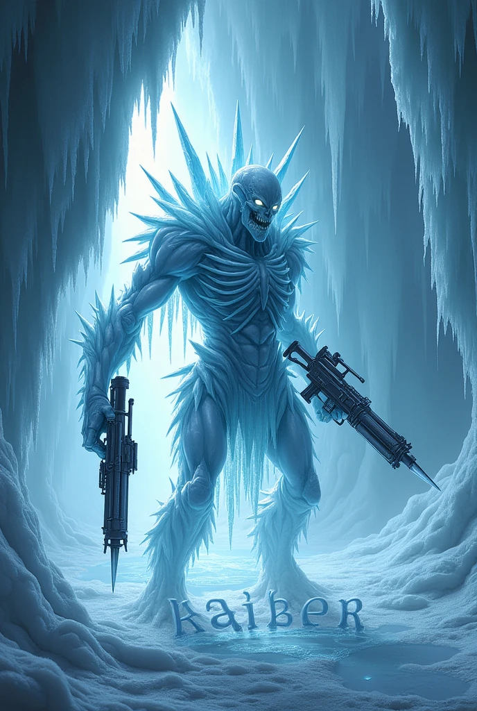 Ice demon, holding akimbo sub-machine guns, ice cave background, with the word kaliber under it in icy letters, hyper realism, logo.