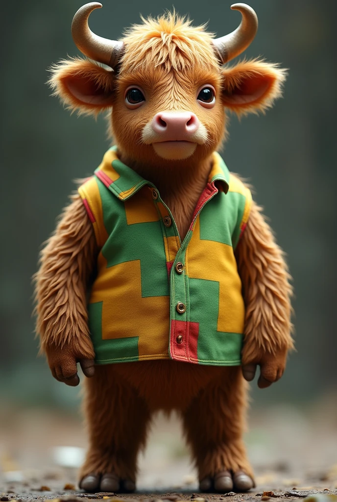 Brown cow that has a human-shaped body and wears a shirt with the colors green, yellow, and red