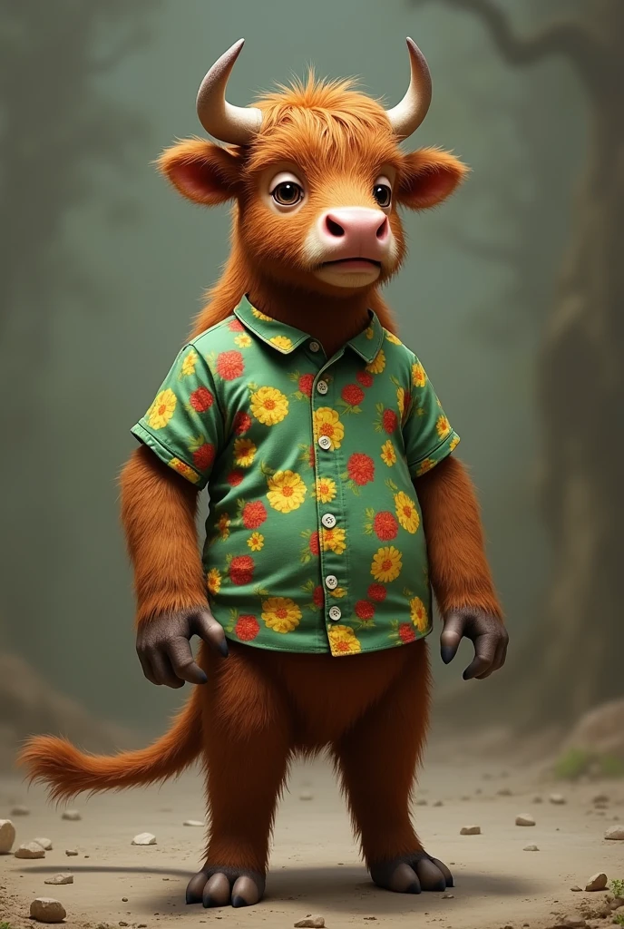 Brown cow that has a human-shaped body and wears a shirt with the colors green, yellow, and red