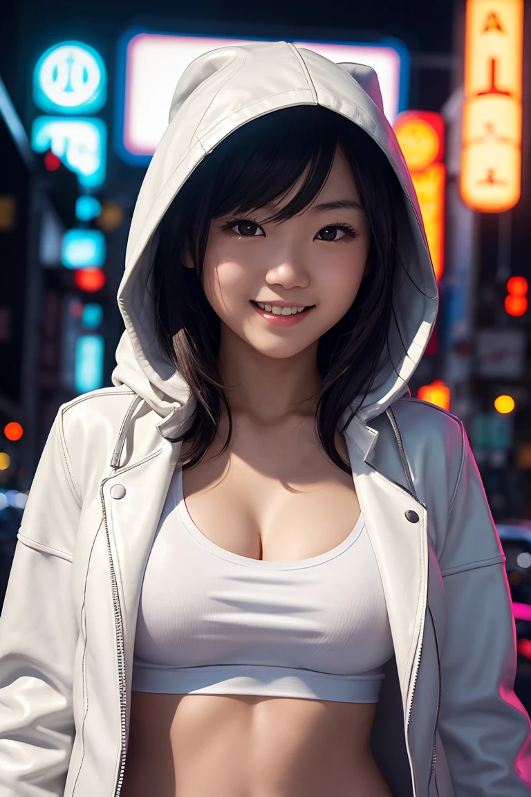 A young Japanese girl, wearing a white t-shirt, a leather jacket and a hood up.
She was looking at me with a smile on her beautiful face, her breasts so big that they accentuated her cleavage.
He has a pistol in his hand,
Late night entertainment district with dazzling neon lights