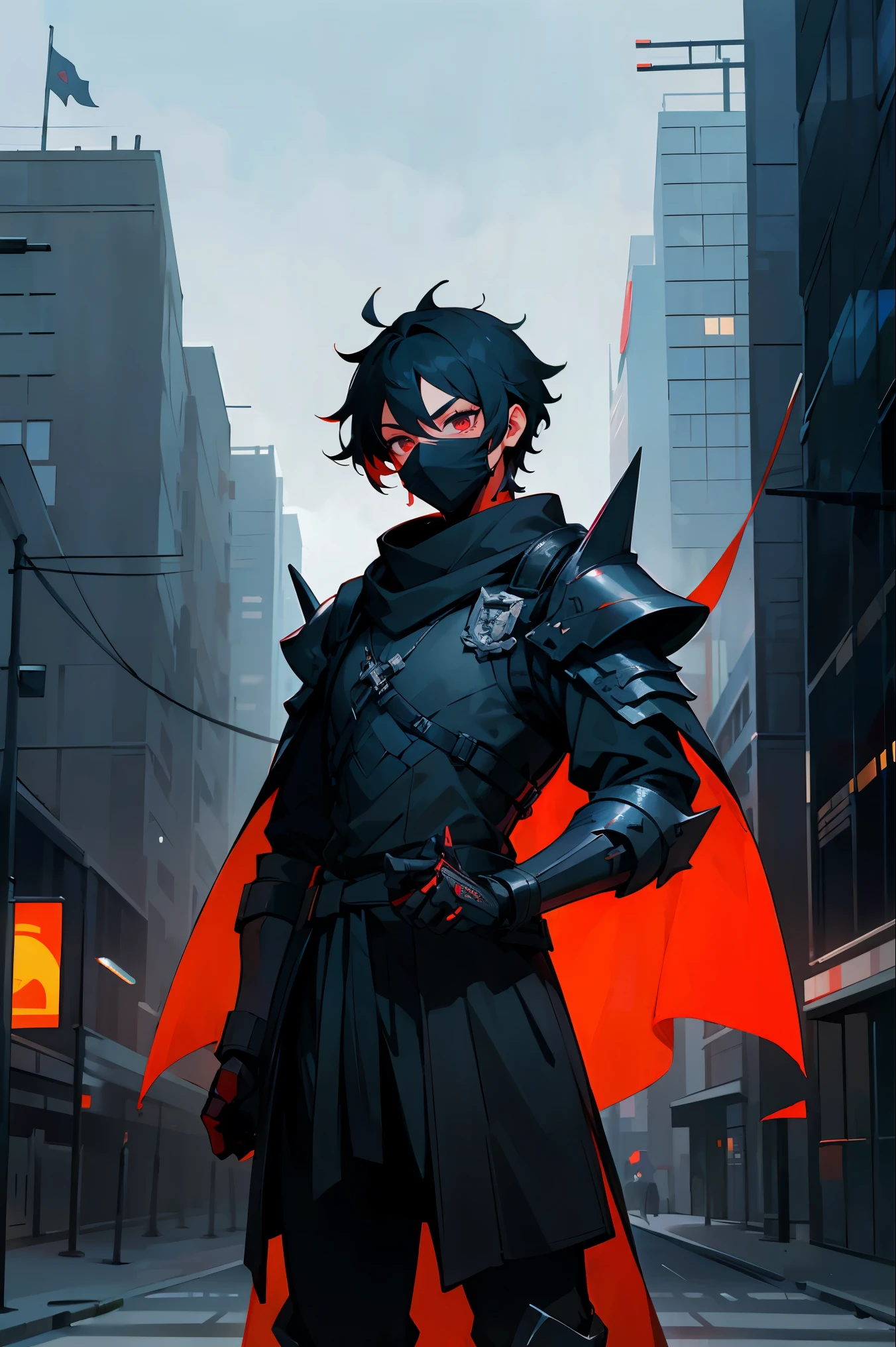 1 men , Bblack hair , eyes black , body preto , armored clothing , facial mask , Perfect Generation , Standing on the sidewalk , Modern city background , young male , black cowl , Red accents in clothes