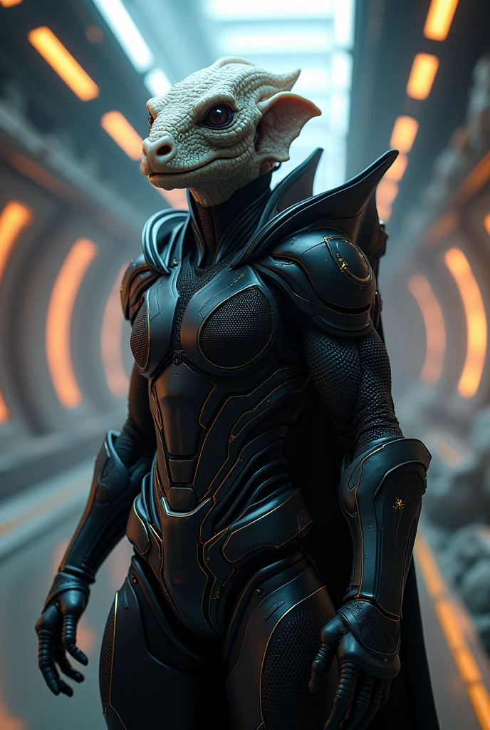 A bald man with white skin, scales, and a spiked chin wearing black armor, scifi starship background, star trek character, ultra-detailed, 8k, photorealistic, concept art, dramatic lighting, cinematic composition, vibrant colors