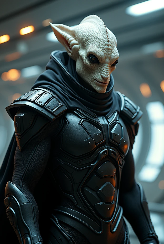 A bald man with white skin, scales, and a spiked chin wearing black armor, scifi starship background, star trek character, ultra-detailed, 8k, photorealistic, concept art, dramatic lighting, cinematic composition, vibrant colors