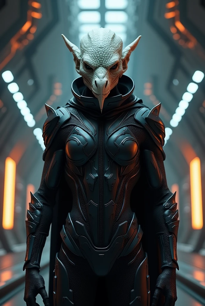A bald man with white skin, scales, and a spiked chin wearing black armor, scifi starship background, star trek character, ultra-detailed, 8k, photorealistic, concept art, dramatic lighting, cinematic composition, vibrant colors
