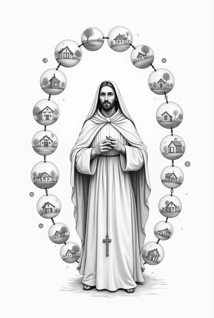 Image of Saint Dominic de Guzman as a Christian monk with a rosary in his hand, with 27 spheres circling the image, each one being a bead of a giant rosary and with a house inside each, pencil style drawing with simple strokes