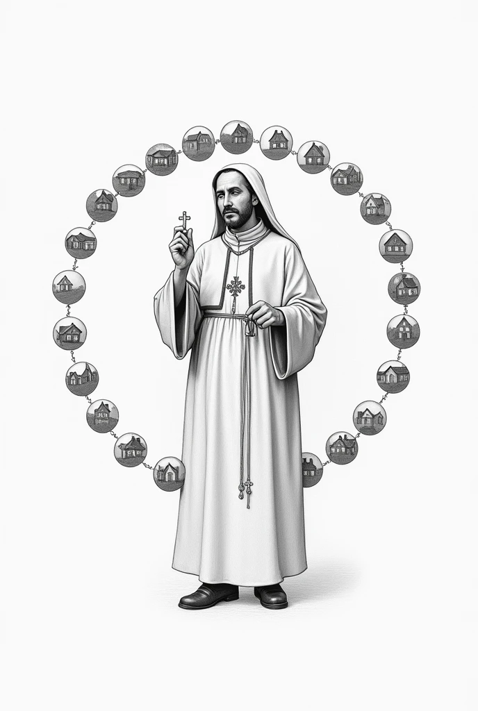 Image of Saint Dominic de Guzman as a Christian monk with a rosary in his hand, with 27 spheres circling the image, each one being a bead of a giant rosary and with a house inside each, pencil style drawing with simple strokes