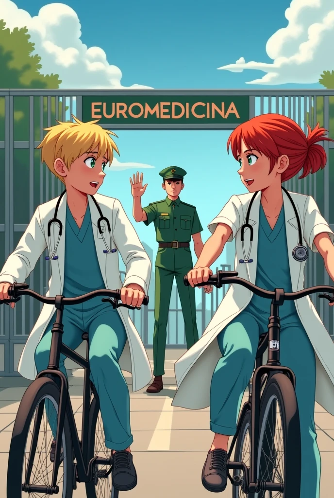((Best quality)), ((masterpiece)), (detailed) Three young doctors - boys and a girl - in medical gowns are riding bicycles towards a clinic with an inscription "EUROMEDICINA". A barrier blocks their way. There is a border guard in a green military uniform standing behind the barrier.. The first cyclist has already stopped in front of the barrier.. The border guard won&#39;t let him in.. The border guard makes a prohibitive gesture with his hand. The doctors - boys and a girl - have stethoscopes around their necks., red or blond hair, green eyes (fantasy art:1.3), highly detailed face, Beautiful illustration, a high resolution, masterpiece