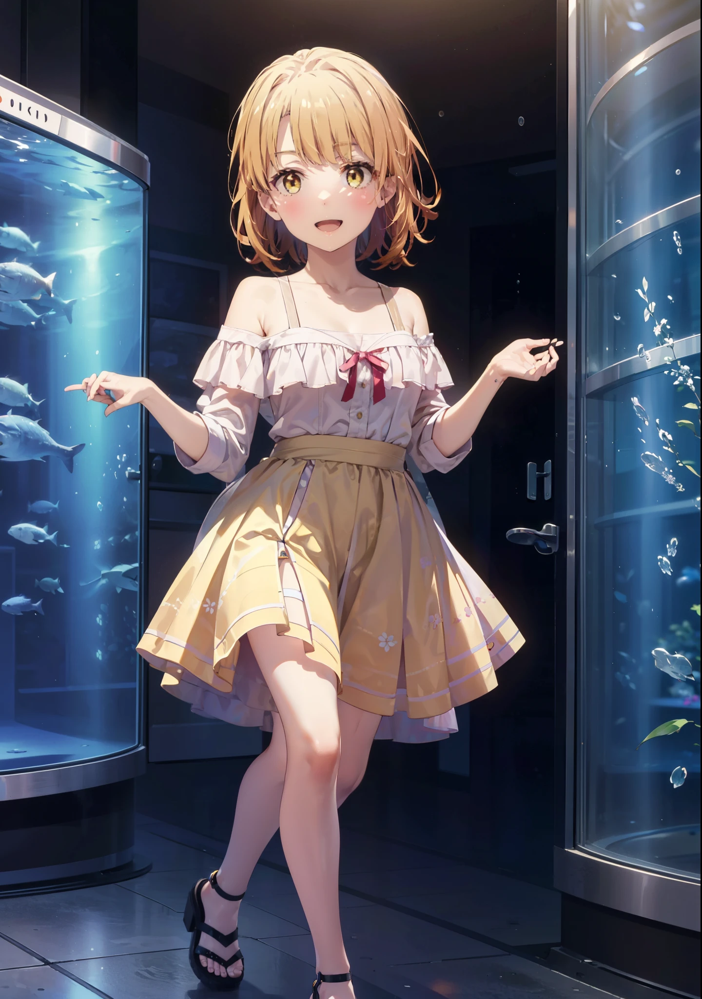 Irohaisshiki, isshiki iroha, short hair, Brown Hair, (Brown eyes:1.5), smile,Open your mouth,smile,Off-the-shoulder yellow dress,mini skirt,Cute heeled sandals,Walking,巨大なガラス水槽で魚が泳ぐ美しいaquarium, きらめく光が幻想的なaquarium,whole bodyがイラストに入るように,
break indoors, aquarium,
break looking at viewer,whole body,
break (masterpiece:1.2), Highest quality, High resolution, unity 8k wallpaper, (figure:0.8), (Beautiful attention to detail:1.6), Highly detailed face, Perfect lighting, Highly detailed CG, (Perfect hands, Perfect Anatomy),