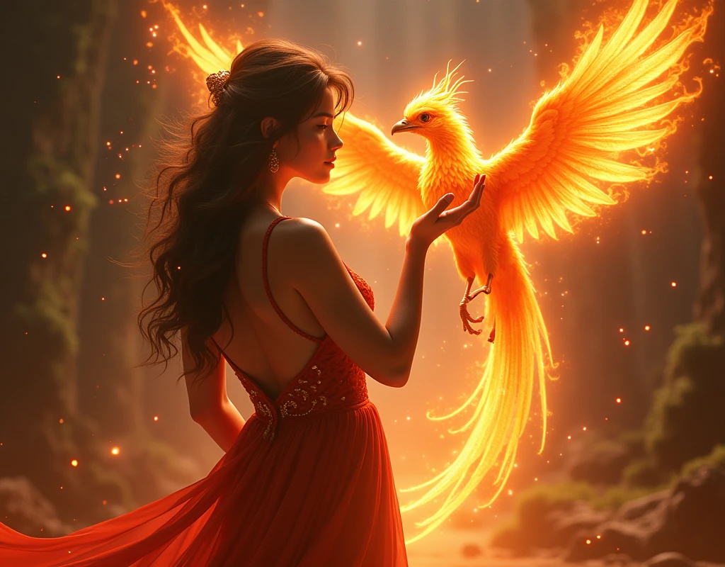 ((A small phoenix full of vitality is summoned.))、(A beautiful and sensual female summoner)、Beautiful Eyes、Beautiful and well-proportioned face、、(Sensual and revealing dress:1.2)、(Eye-catching super big breasts:1.47)、Fascinating super big ass、(Sexy and acrobatic summoning pose)、Correct fingers、((Summon the Fiery Phoenix))、Summoning Magic Circle、Exquisitely drawn wings of fire、dramatic scene、Magnificent fantasy landscapes、Cinematic lighting、Digital Art、Concept Art Style、magical realism、(Highest quality、8k、High resolution、masterpiece:1.2)、Ultra-Details、(Real、Photorealistic、Photo-Realistic:1.37)、HDR、Very detailed explanation、Vivid colors、View your viewers、A confident smile、wilderness