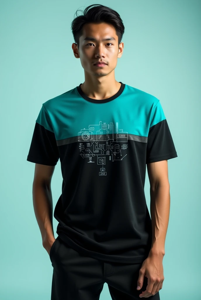 Black and turquoise t-shirt with small designs of systems and software on the front