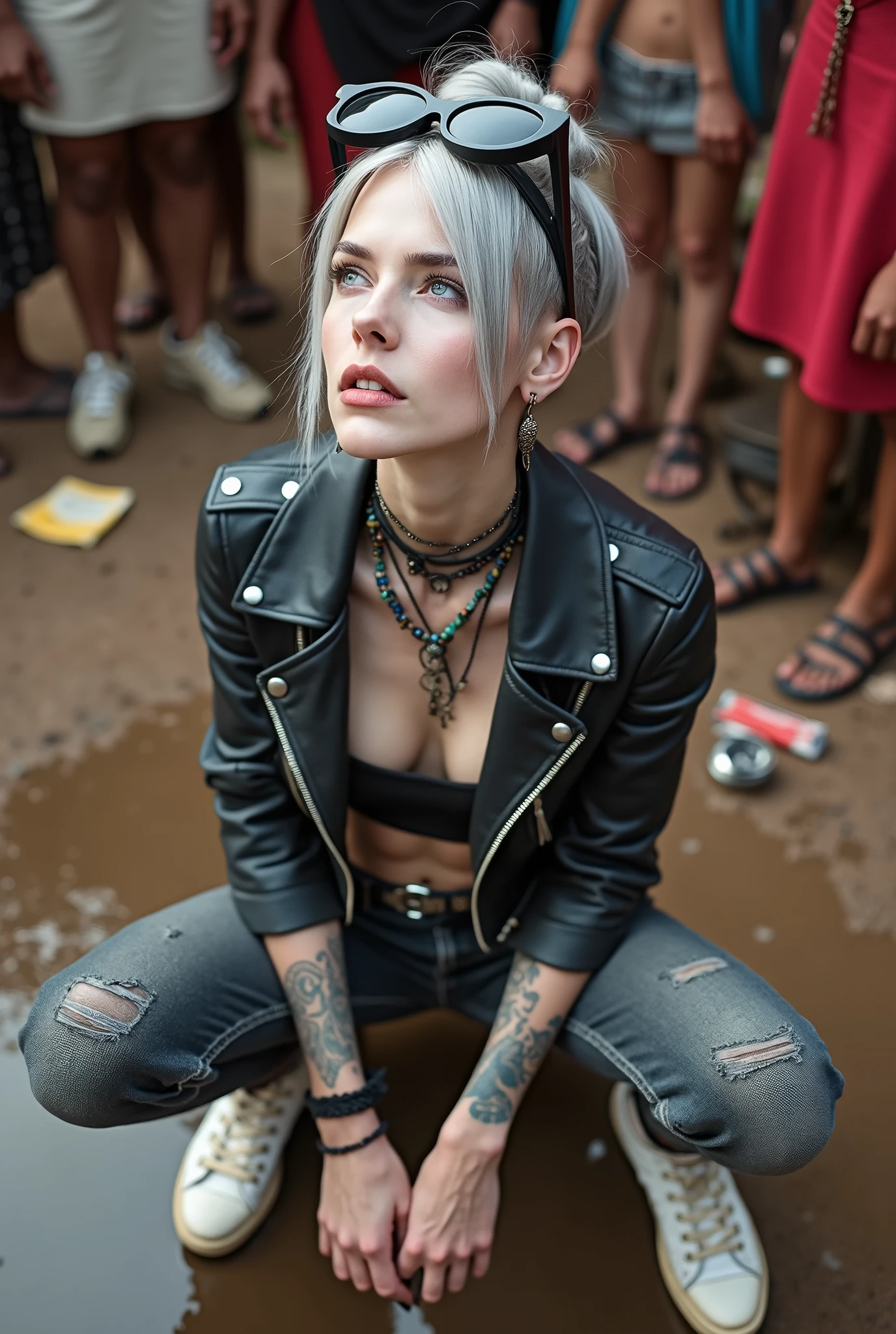russian milf woman, grey hair (top bun, shaved sides), oversized maxi sunglasses as headband, with very light blue eyes, extremely pale skin. Wearing cropped aged black moto jacket with lots of zippers and pins, flipped up collar. Worn skinny dark low rise blue jeans with patches, wet knees. Black and red tight push up bra, Dirty White tennis sneakers, with bracelets around ankles. Chain around hips like belts. Dirty knees, dirty feet and muddy hands. Wide studded belt. Lots of metallic bracelets, lots of boho pendants and lots of colourful beads collars.. Chains around the hips. Squatting on a puddle with hands on her hips, looking up, chin up, stretching her neck , needy facial expression. Both hands caressing her long neck. Bracelets in ankles and rings in fingers. Black nail polish. studded black leather tote bag with chain on the floor, next to her.. Listening looking up in amazement to somebody speaking to her from the sky, upper teeth visible. Well toned abdominals, thin neck, slim legs and thin arms. Narrow hips Cleavage, stomach, neck, tigh and hands completely covered with tattoos. Dirt street in Kenyan village full of waste. A lot of tanned fat women in traditional dresses around looking at her. next to her, all her belongings scattered on the floor: tobacco packs, makeup kit, little makeup mirror, studded black leather tote bag, lipstick, wallet, moble etc on the floor, point of view; from above