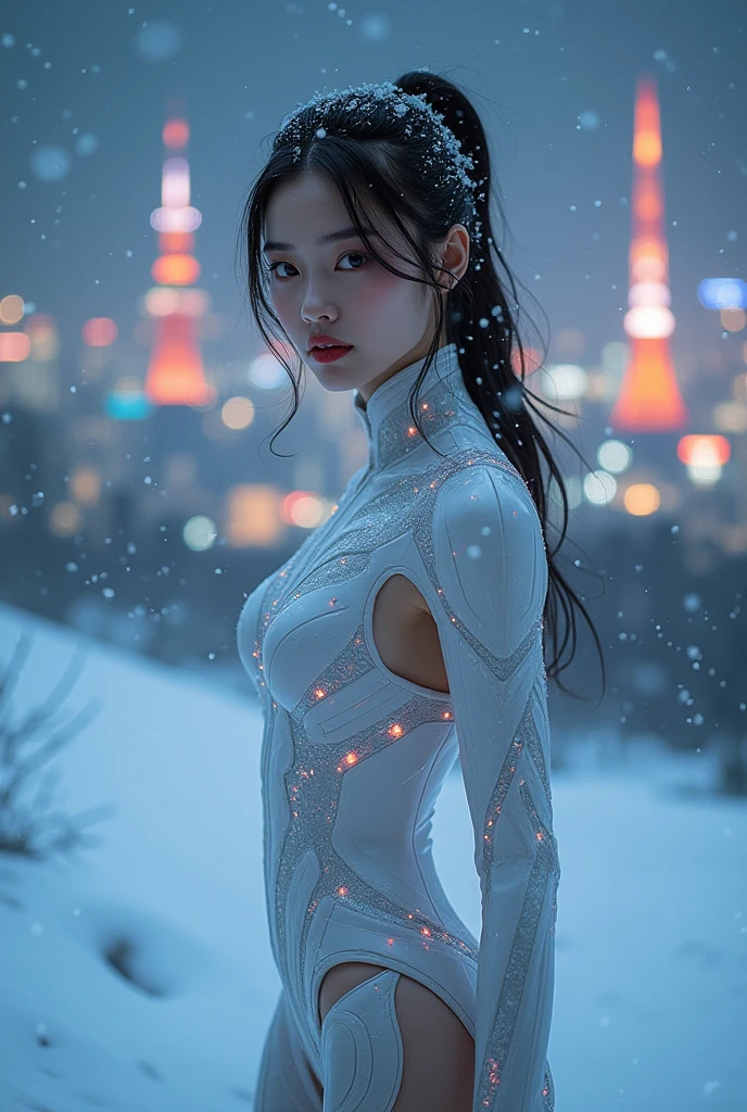 8k Beautiful Asian woman in futuristic clothing, with snow surrounding her body, at night, with a futuristic Tokyo background